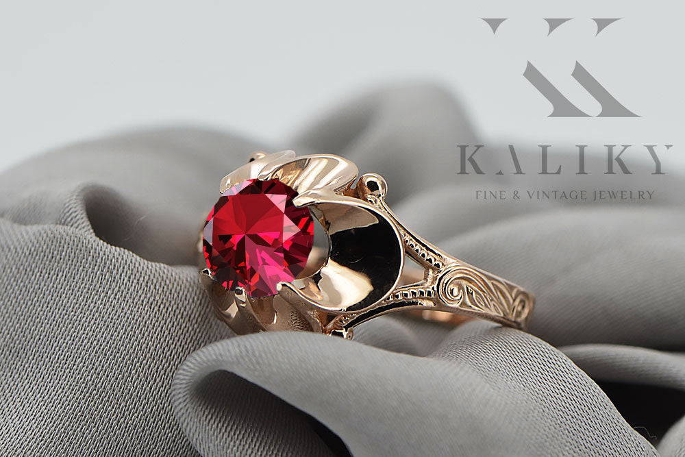 Vintage Ruby Ring in 14K Rose Gold (vrc377r-rb) — worn on the hand, showing profile