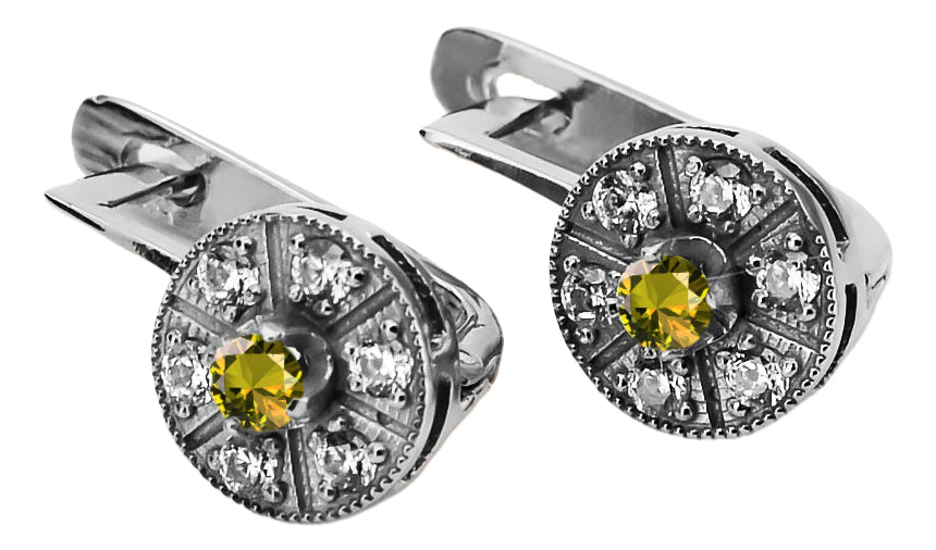Vintage Yellow Peridot Earrings in 14K White Gold (vec161w-yp) — side view showing the setting
