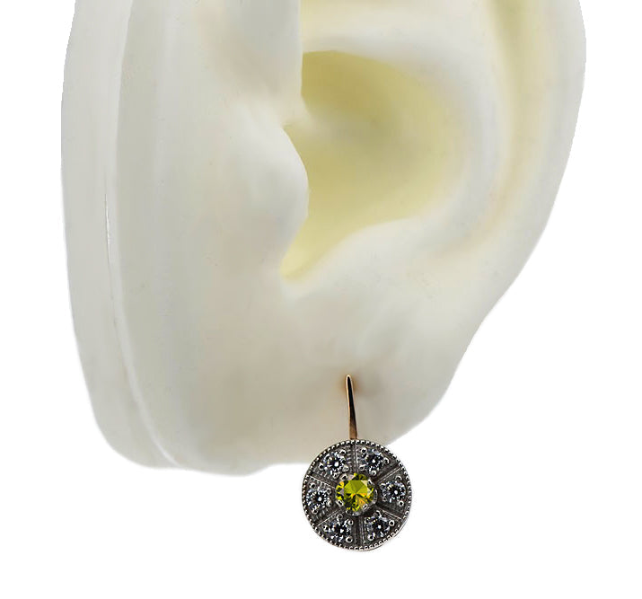 Vintage Yellow Peridot Earrings in 14K Rose & White Gold (vec161rw-yp) — close-up of the hallmark on the inner band