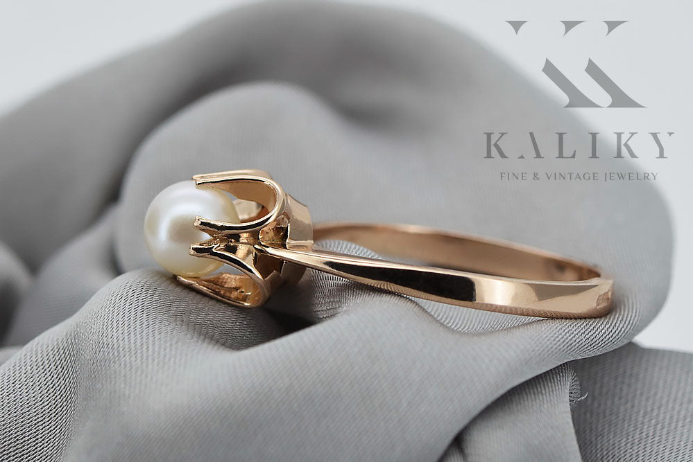 Vintage Pearl Ring in 14K Rose Gold (vrpr001r) — close-up of the hallmark on the inner band