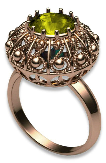 Vintage Yellow Peridot Ring in 14K Rose Gold (vrc059r-yp) — side view showing the setting