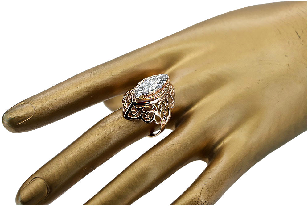 Vintage Zircon Ring in 14K Rose Gold (vrc017r-zi) — back view with the clasp