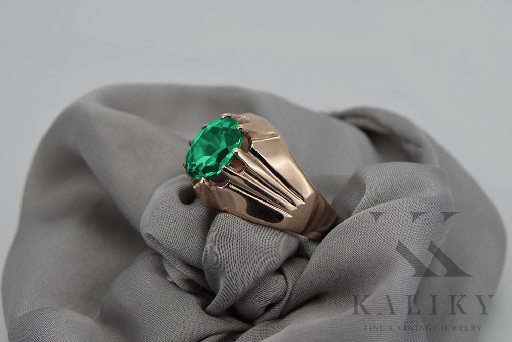 Vintage Emerald Ring in 14K Rose Gold (vrc016r-em) — worn on the neckline, showing the drape