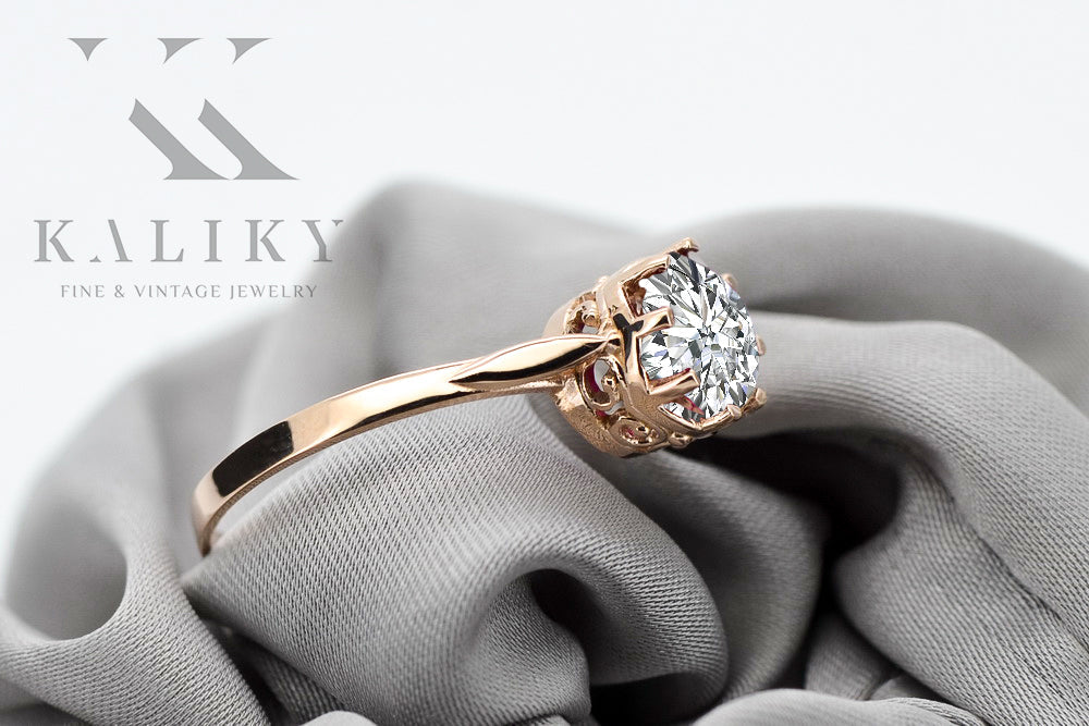 Vintage Zircon Ring in 14K Rose Gold (vrc366r-zi) — worn on the hand, showing profile