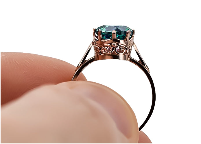 Vintage Emerald Craft Ring in 14K Rose Gold (vrc366r-em) — worn on the neckline, showing the drape