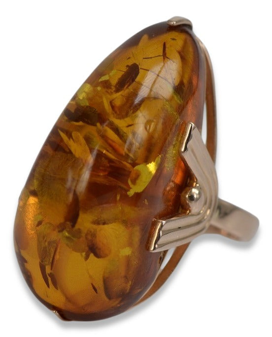 Vintage Amber Ring in 14K Rose Gold (vrab040) — worn on the hand, showing profile