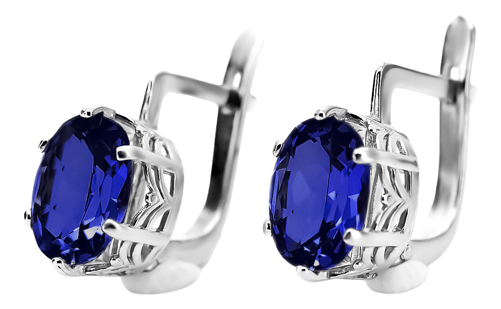 Vintage Sapphire Earrings in Sterling Silver (vec003s-sp) — worn on the neckline, showing the drape