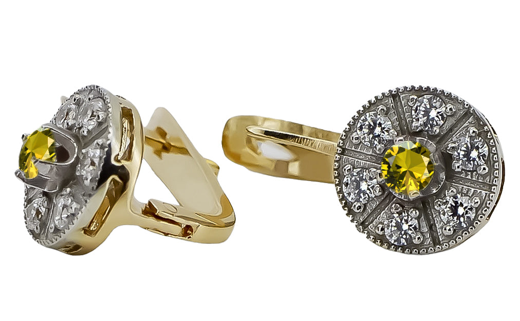 Vintage Yellow Peridot Earrings in 14K Yellow & White Gold (vec161yw-yp) — close-up of the stone and setting