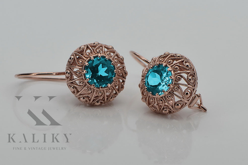 Vintage Aquamarine Earrings in 14K Rose Gold (vec002r-aq) — close-up of the hallmark on the inner band