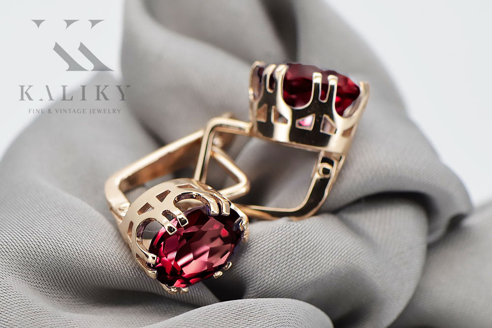 Vintage Ruby Earrings in 14K Rose Gold (vec016r-rb) — worn on the hand, showing profile