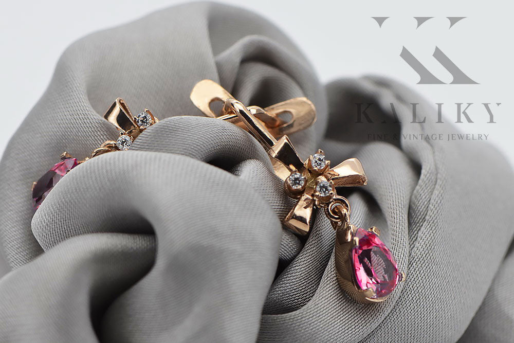 Vintage Ruby Earrings in 14K Rose Gold (vec045r-rb) — full view of the piece
