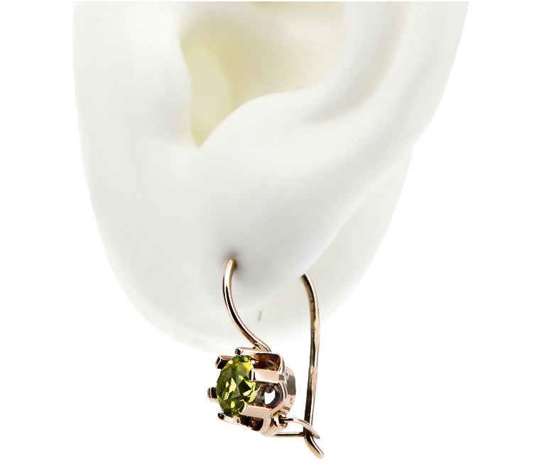 Vintage Yellow Peridot Earrings in 14K Rose Gold (vec019r-yp) — close-up of the stone and setting
