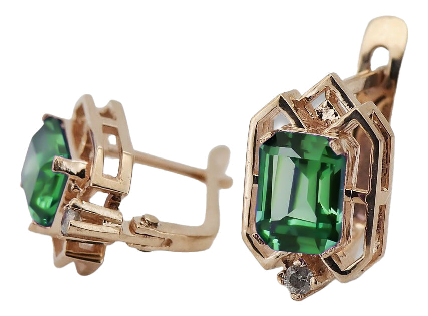 Vintage Emerald Diamonds Craft Earrings in 14K Rose Gold (vec020r-em) — back view with the clasp
