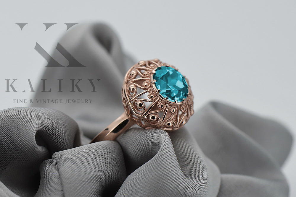 Vintage Aquamarine Ring in 14K Rose Gold (vrc059r-aq) — worn on the hand, showing profile