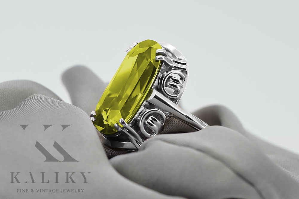 Vintage Yellow Peridot Ring in Sterling Silver (vrc038s-yp) — worn on the neckline, showing the drape