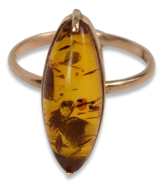 Vintage Amber Ring in 14K Rose Gold (vrab002) — close-up of the stone and setting