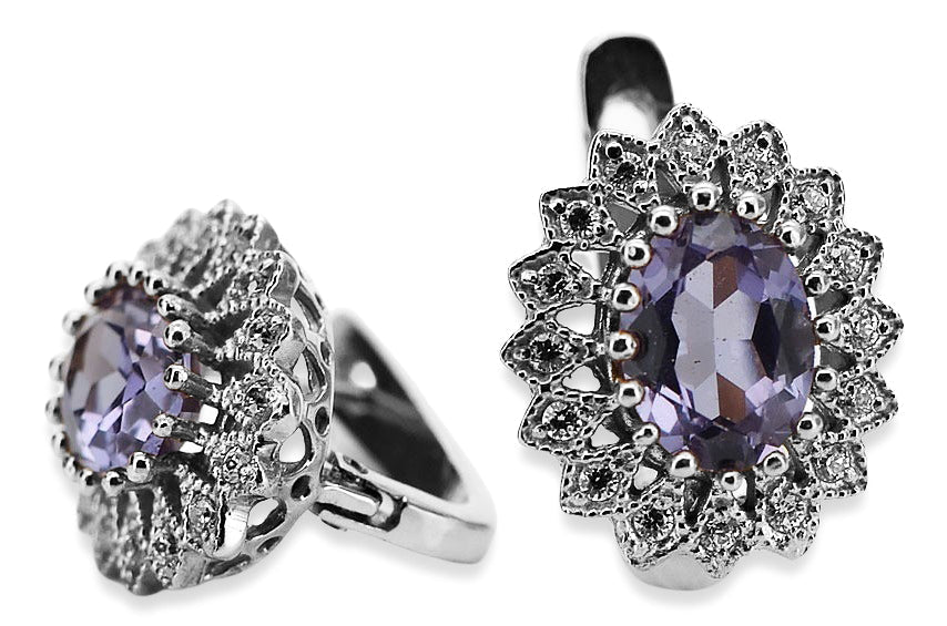 Vintage Alexandrite Earrings in 14K White Gold (vec125w-ax) — close-up of the stone and setting