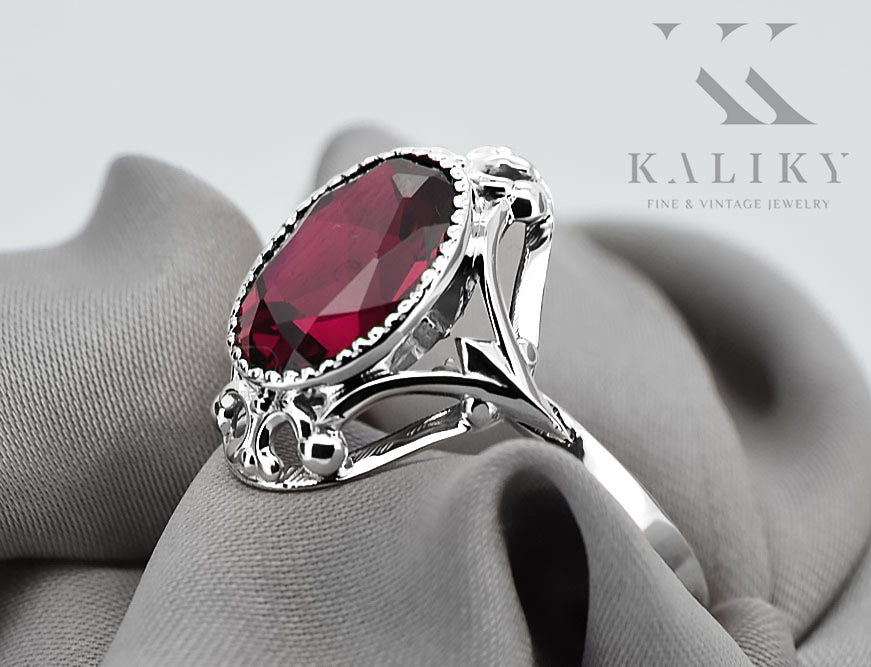 Vintage Ruby Ring in Sterling Silver (vrc128s-rb) — worn on the hand, showing profile