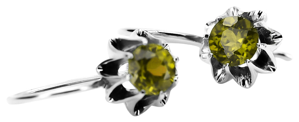 Vintage Yellow Peridot Earrings in Sterling Silver (vec092s-yp) — close-up of the stone and setting