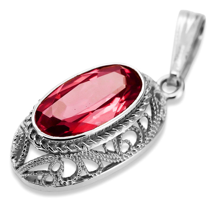 Vintage Ruby Pendant in Sterling Silver (vpc014s-rb) — close-up of the stone and setting