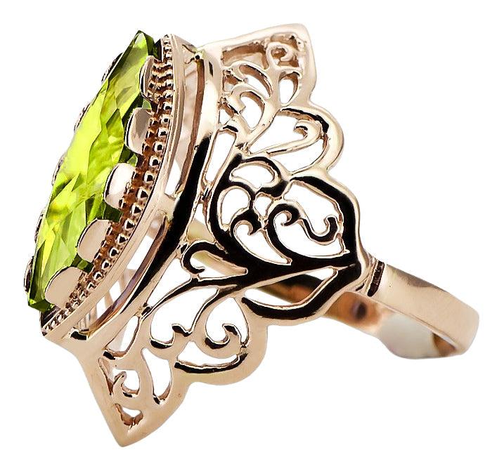 Vintage Yellow Peridot Craft Ring in 14K Rose Gold (vrc017r-yp) — close-up of the stone and setting