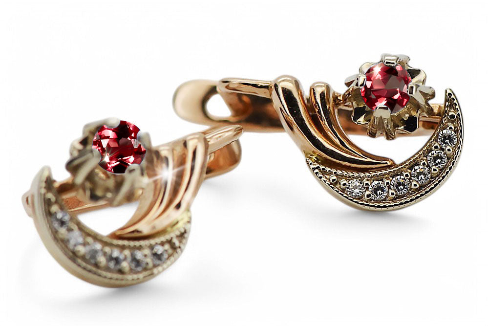 Vintage Ruby Craft Earrings in 14K Rose & White Gold (vec093rw-rb) — worn on the hand, showing profile
