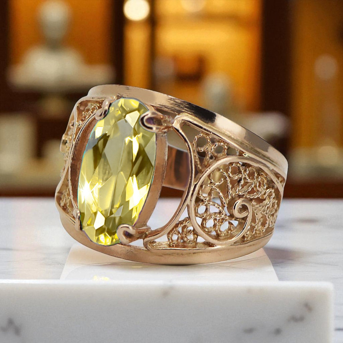 Vintage Yellow Peridot Ring in 14K Rose Gold (vrc057r-yp)