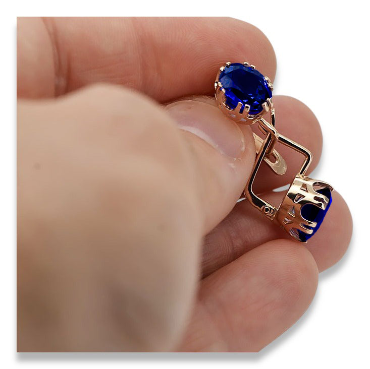 Vintage Sapphire Earrings in 14K Rose Gold (vec016r-sp) — worn on the hand, showing profile