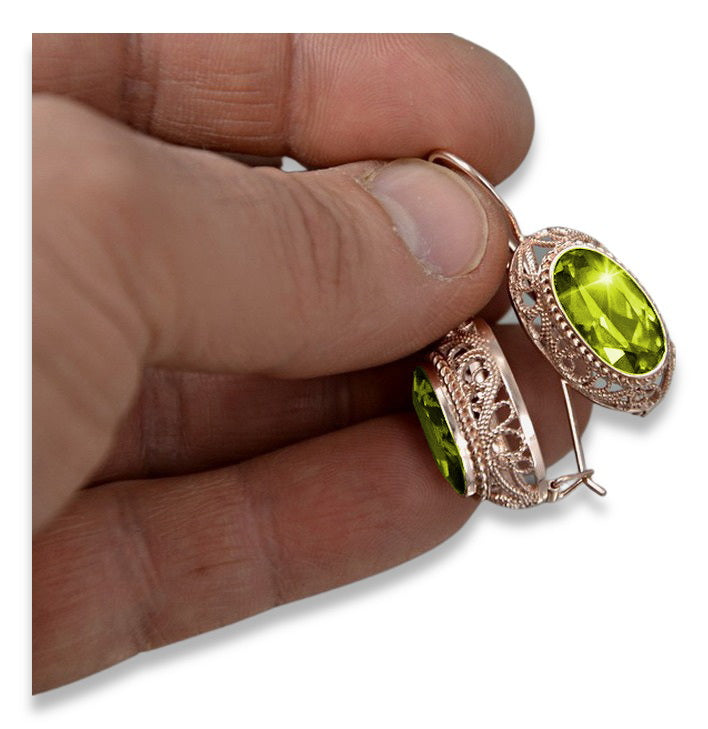 Vintage Yellow Peridot Earrings in 14K Rose Gold (vec023r-yp) — side view showing the setting