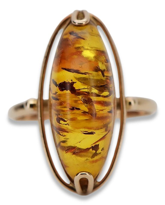 Vintage Amber Ring in 14K Rose Gold (vrab018) — close-up of the hallmark on the inner band