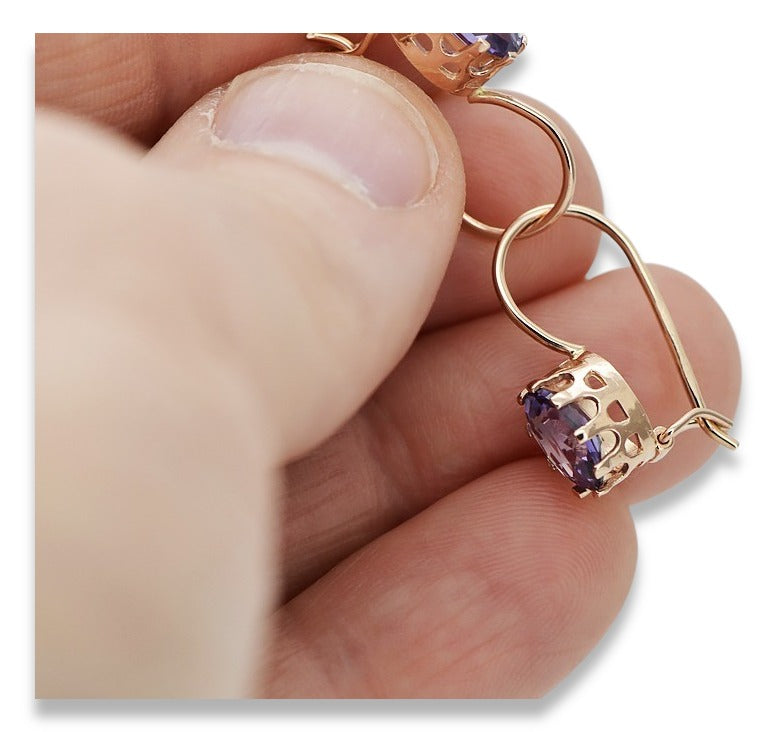 Vintage Alexandrite Earrings in 14K Rose Gold (vec196r-ax) — worn on the hand, showing profile