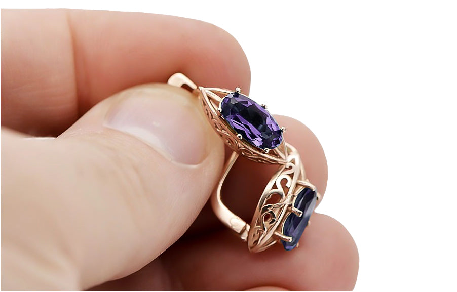 Vintage Alexandrite Earrings in 14K Rose Gold (vec141r-ax) — close-up of the hallmark on the inner band