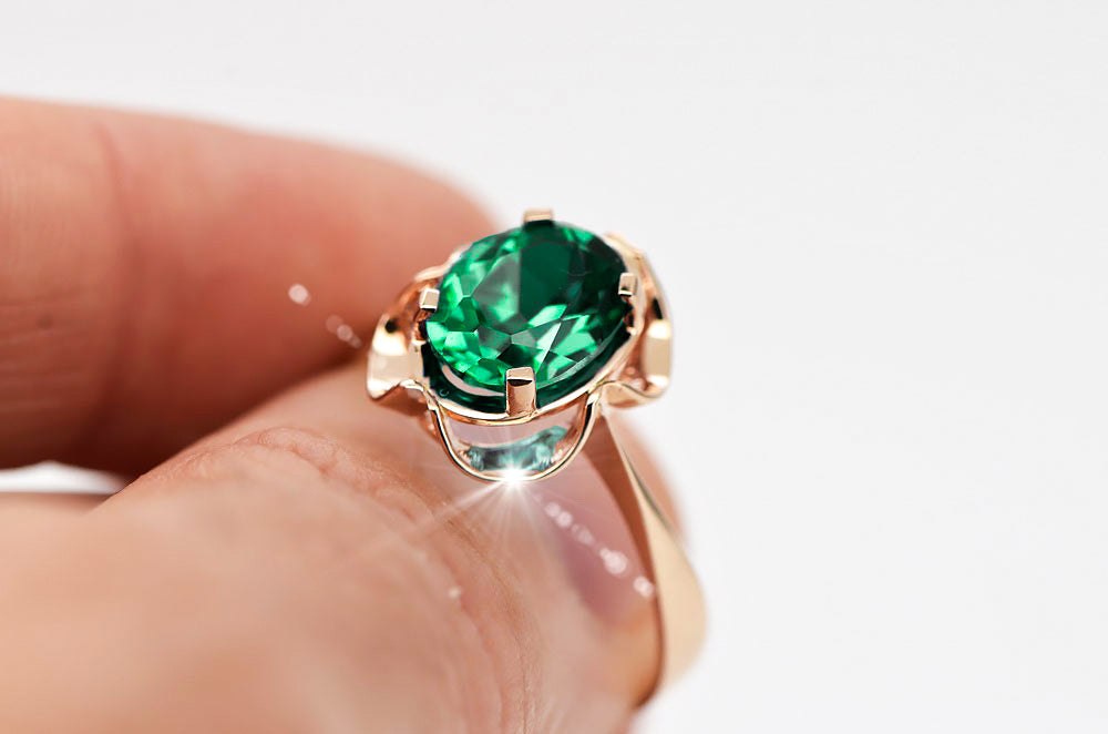 Vintage Emerald Ring in 14K Rose Gold (vrc206r-em) — close-up of the hallmark on the inner band