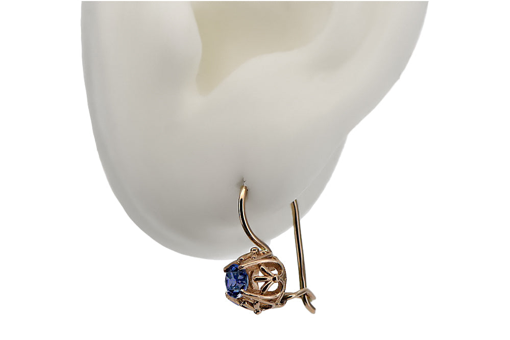 Vintage Sapphire Made Earrings in 14K Rose Gold (vec145r-sp) — side view showing the setting