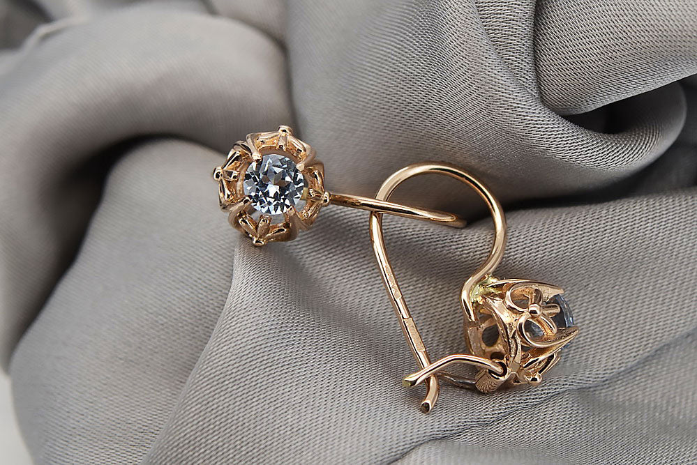 Vintage Aquamarine Made Earrings in 14K Rose Gold (vec145r-aq) — full view of the piece