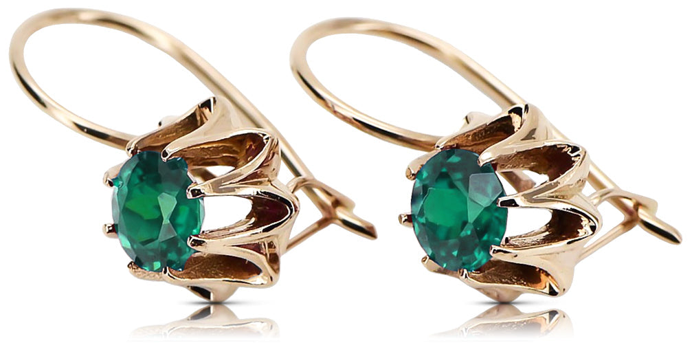 Vintage Emerald Earrings in 14K Rose Gold (vec092r-em) — worn on the neckline, showing the drape