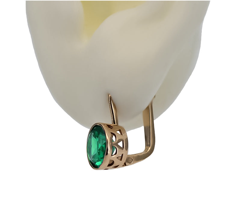 Vintage Emerald Earrings in 14K Rose Gold (vec107r-em) — worn on the hand, showing profile
