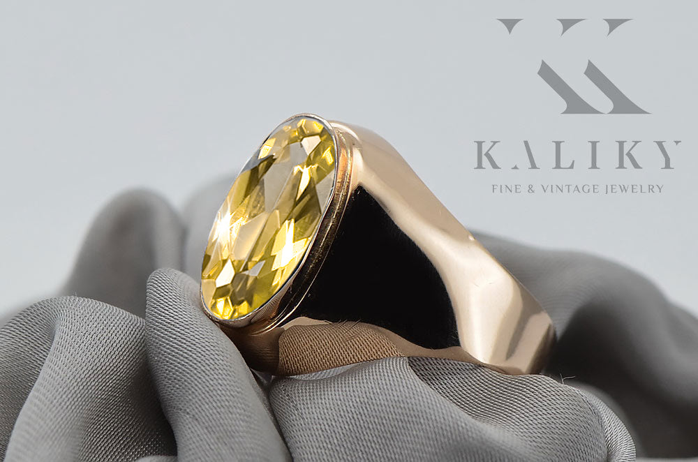 Vintage Yellow Peridot Ring in 14K Rose Gold (vrc077r-yp) — close-up of the hallmark on the inner band
