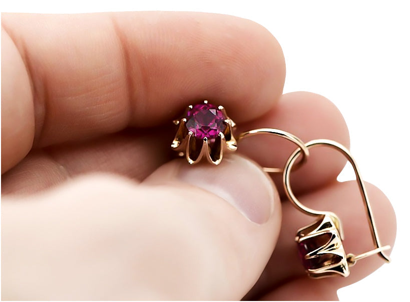 Vintage Ruby Earrings in 14K Rose Gold (vec092r-rb) — side view showing the setting