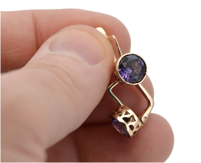 Vintage Alexandrite Earrings in 14K Rose Gold (vec107r-ax) — worn on the neckline, showing the drape