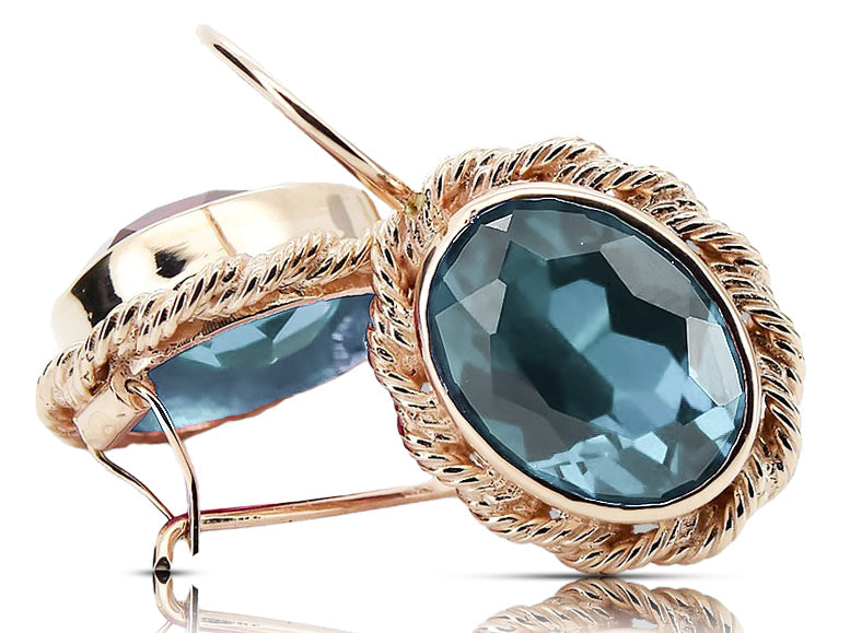 Vintage Aquamarine Earrings in 14K Rose Gold (vec007r-aq) — worn on the neckline, showing the drape