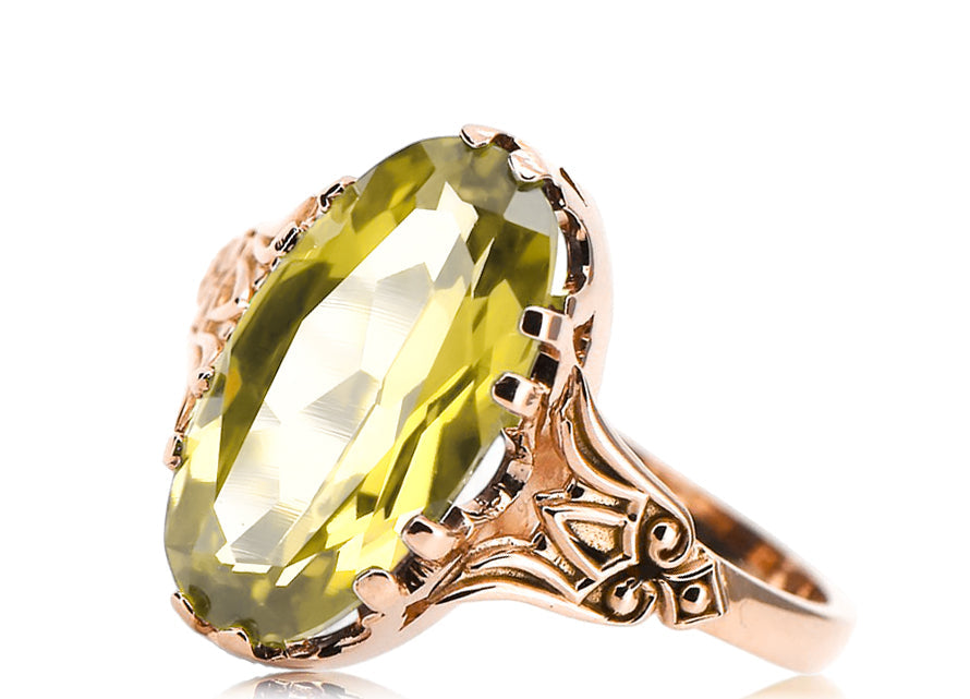 Vintage Yellow Peridot Ring in 14K Rose Gold (vrc058r-yp) — side view showing the setting