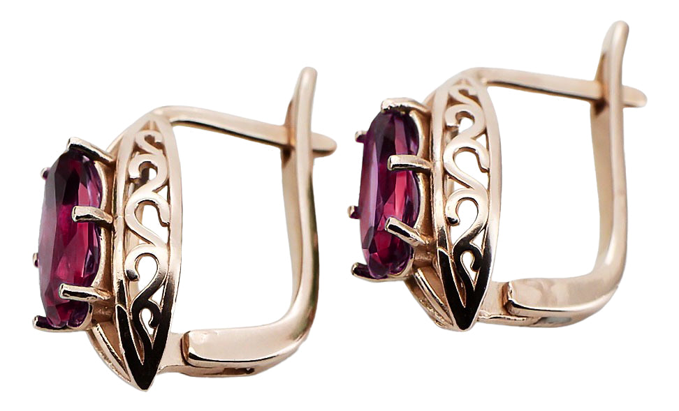 Vintage Ruby Earrings in 14K Rose Gold (vec141r-rb) — worn on the neckline, showing the drape