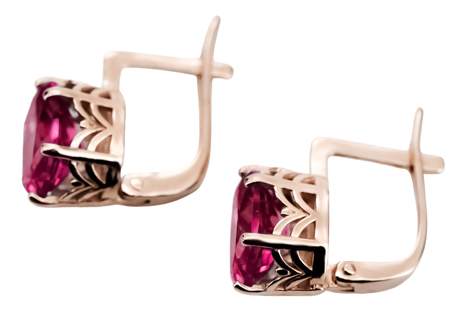 Vintage Ruby Earrings in 14K Rose Gold (vec003r-rb) — side view showing the setting