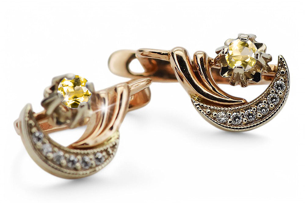 Vintage Yellow Peridot Earrings in 14K Rose & White Gold (vec093rw-yp) — worn on the hand, showing profile