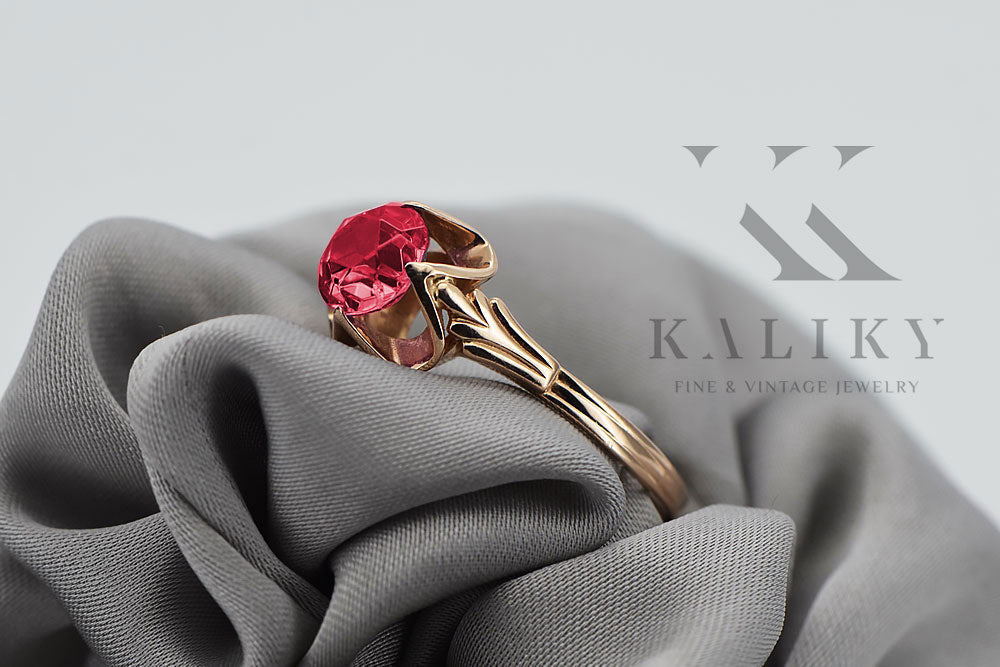 Vintage Ruby Ring in 14K Rose Gold (vrc023r-rb) — worn on the neckline, showing the drape
