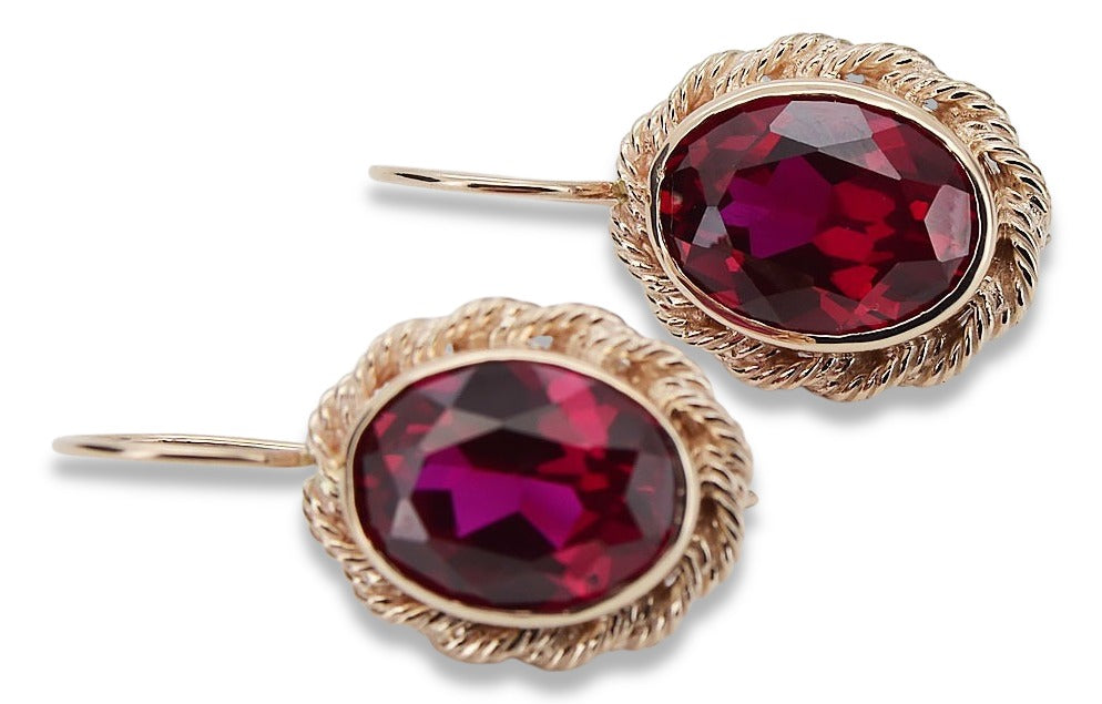 Vintage Ruby Earrings in 14K Rose Gold (vec007r-rb) — worn on the neckline, showing the drape