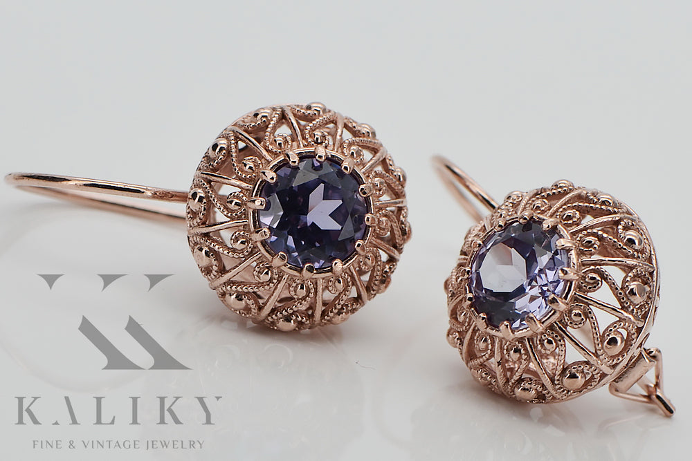 Vintage Alexandrite Earrings in 14K Rose Gold (vec002r-ax) — close-up of the hallmark on the inner band