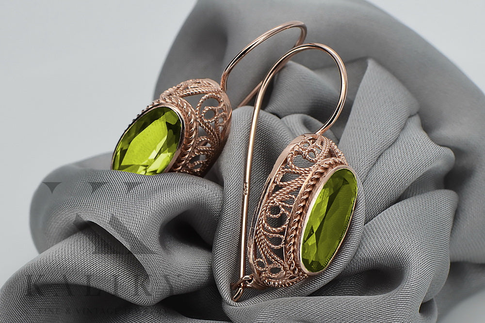 Vintage Yellow Peridot Earrings in 14K Rose Gold (vec023r-yp) — full view of the piece