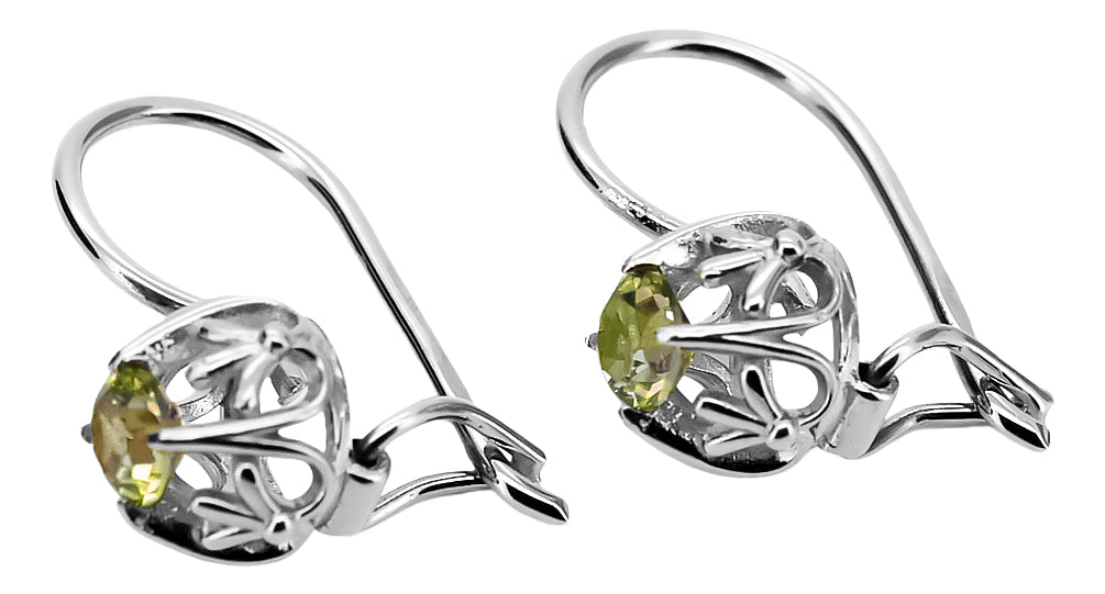 Vintage Yellow Peridot Earrings in Rose Gold-Plated Sterling Silver (vec145s-yp) — close-up of the stone and setting